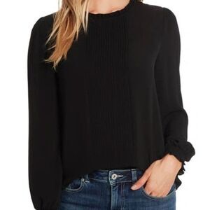 CeCe Long Sleeve Pintucked Blouse in Black Small NWT